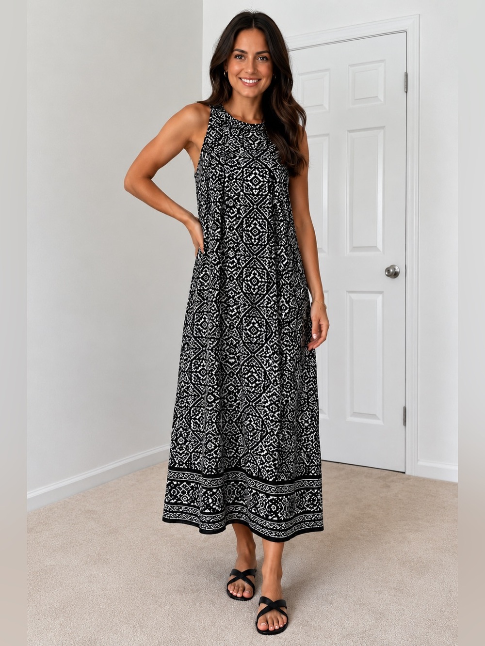 Boutique Black & White Fully Lined Midi Dress | Sleeveless Geometric Print